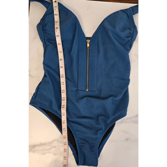 Kona Sol Womens Ribbed One Piece Swimsuit Small Blue Zipper Front Resort Beach - Picture 10 of 13